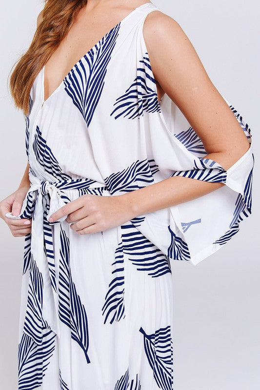 Fashion Cold Shoulder White Tie-Up Navy Leaf Print Maxi Dress