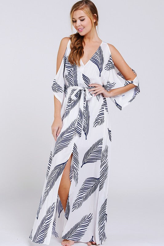 Fashion Cold Shoulder White Tie-Up Navy Leaf Print Maxi Dress