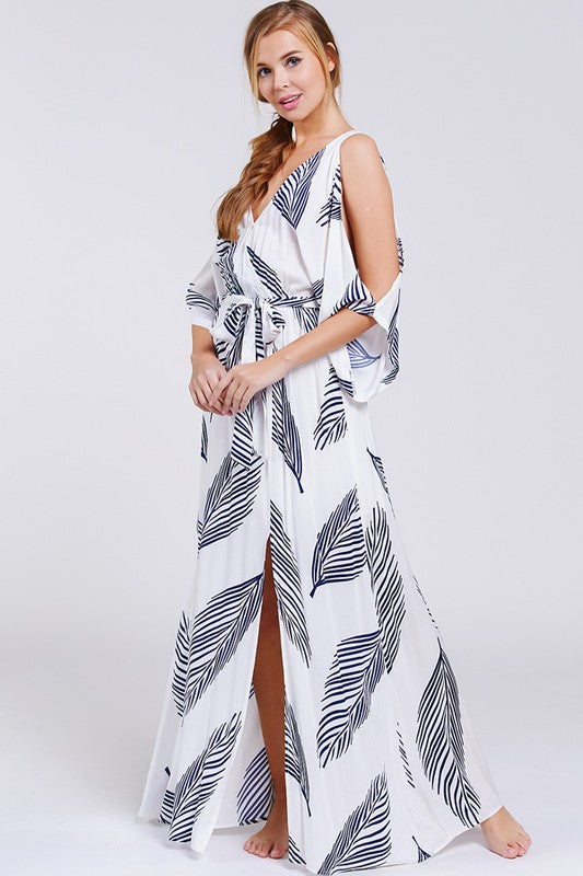 Fashion Cold Shoulder White Tie-Up Navy Leaf Print Maxi Dress