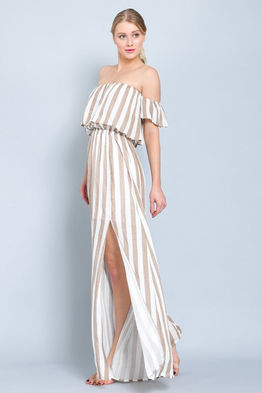 Fashion Summer Off Shoulder Beige Marine Ruffle Cut Out Maxi Dress