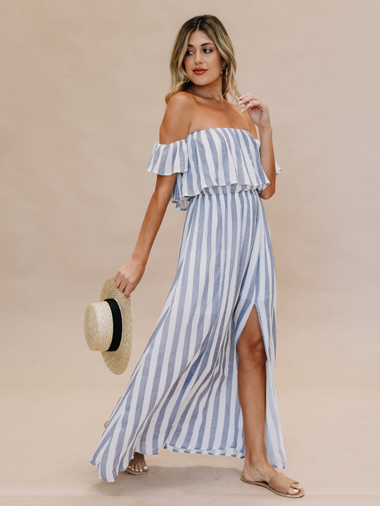 Fashion Summer Off Shoulder Navy Marine Ruffle Cut Out Maxi Dress
