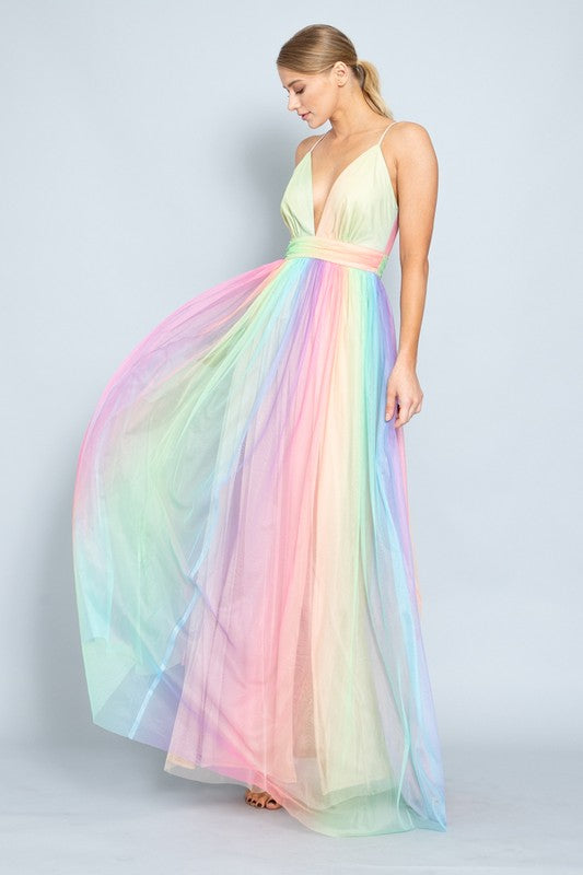 Elegant Strap Multi-Color Deep V-Neck Gown