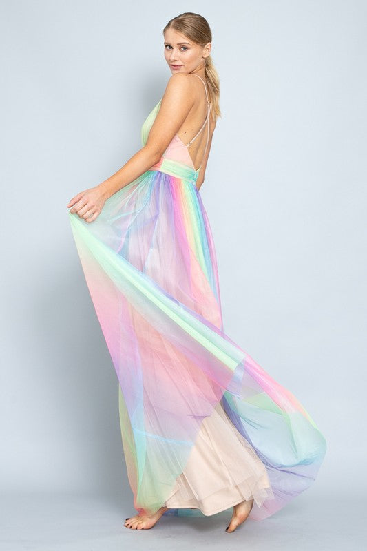Elegant Strap Multi-Color Deep V-Neck Gown