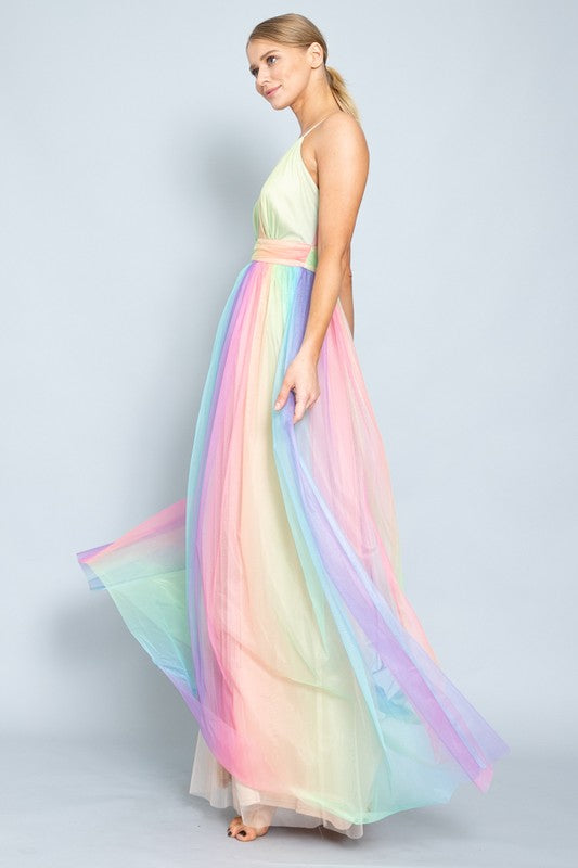 Elegant Strap Multi-Color Deep V-Neck Gown