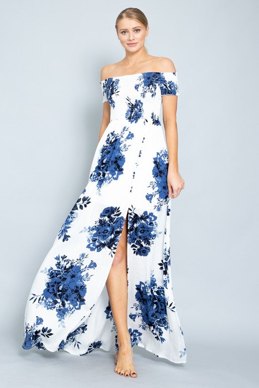 Fashion Off Shoulder Off White Navy Floral Print Elastic Maxi Dress
