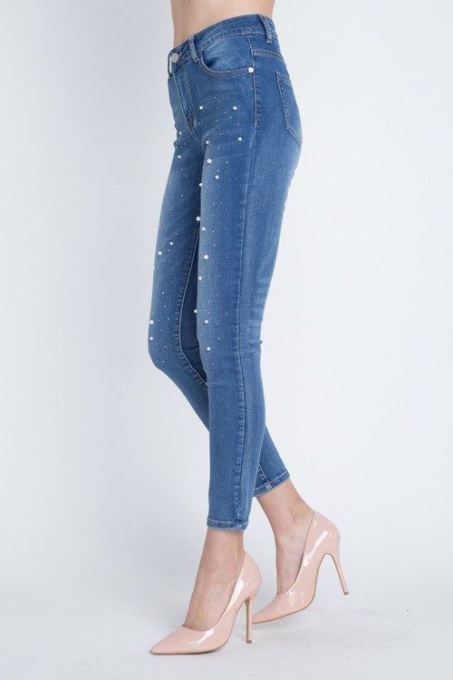 Skinny Jean with Medium Blue Wash Pearl Crystal Detailed