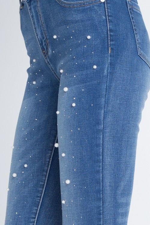 Skinny Jean with Medium Blue Wash Pearl Crystal Detailed