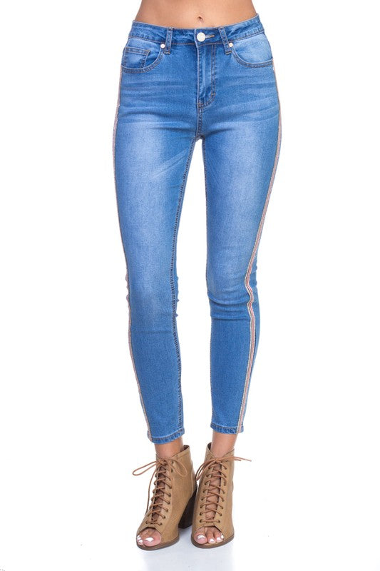 Skinny Jean with Medium Blue Wash Side Striped Crystal Detailed