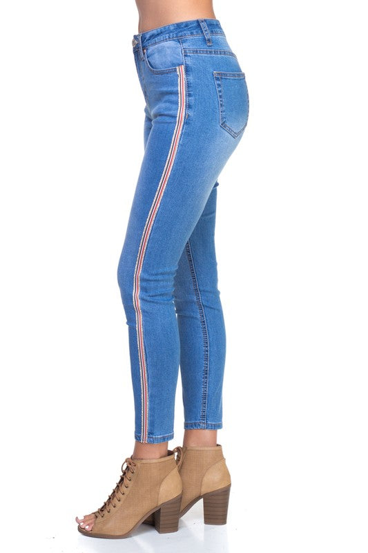 Skinny Jean with Medium Blue Wash Side Striped Crystal Detailed