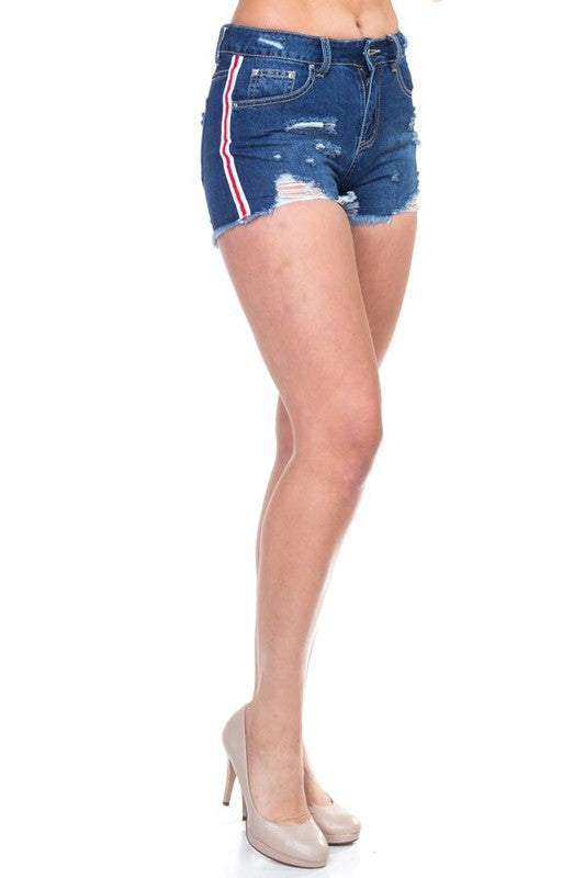 Fashion Ripped Blue Denim Shorts Side Striped Detailed
