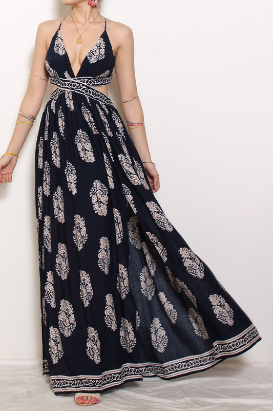 Fashion Strap Navy Maxi Dress Cut Out with Mocha Print Back Tie-Up