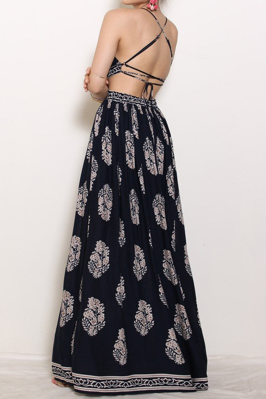 Fashion Strap Navy Maxi Dress Cut Out with Mocha Print Back Tie-Up