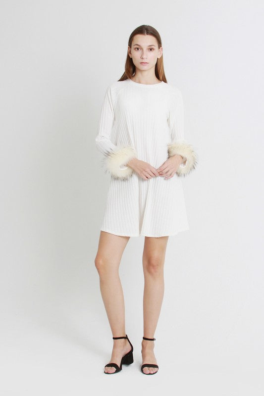 Elegant A-Line Faux Fur White Sweater Dress