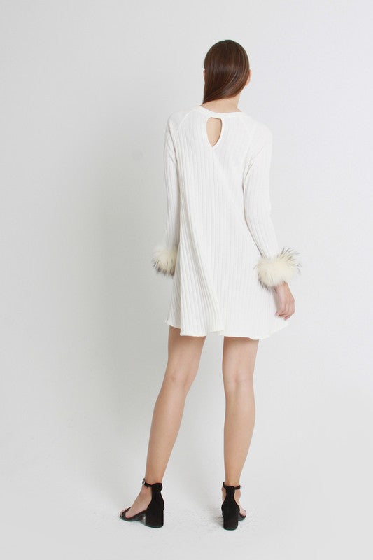 Elegant A-Line Faux Fur White Sweater Dress