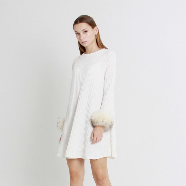 Elegant A-Line Faux Fur White Sweater Dress