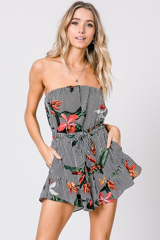 Fashion Strapless Stripe Floral Print Black Ruffle Romper