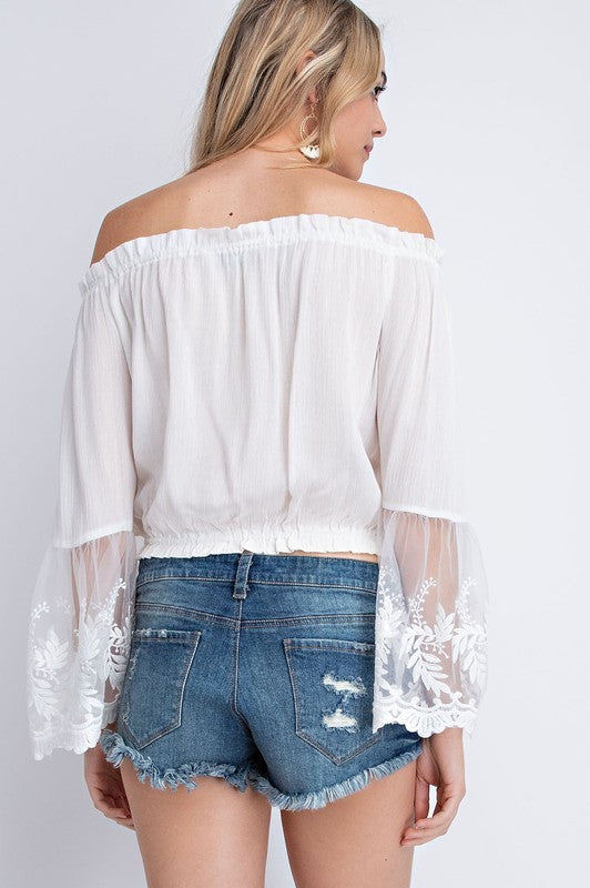 Elegant Off Shoulder White Lace Top with Bell Sleeve