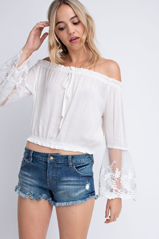 Elegant Off Shoulder White Lace Top with Bell Sleeve