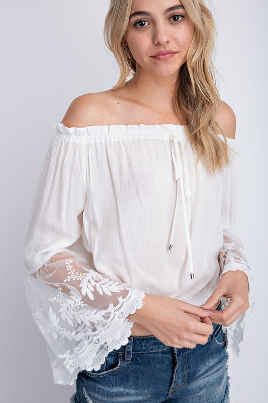 Elegant Off Shoulder White Lace Top with Bell Sleeve