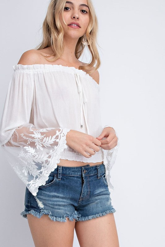 Elegant Off Shoulder White Lace Top with Bell Sleeve