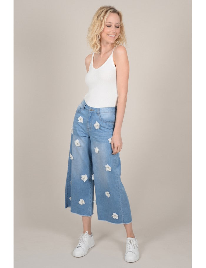 High Waisted Wide Leg Cropped Jean with Medium Blue Wash Flowers Detailed
