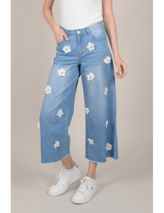 High Waisted Wide Leg Cropped Jean with Medium Blue Wash Flowers Detailed