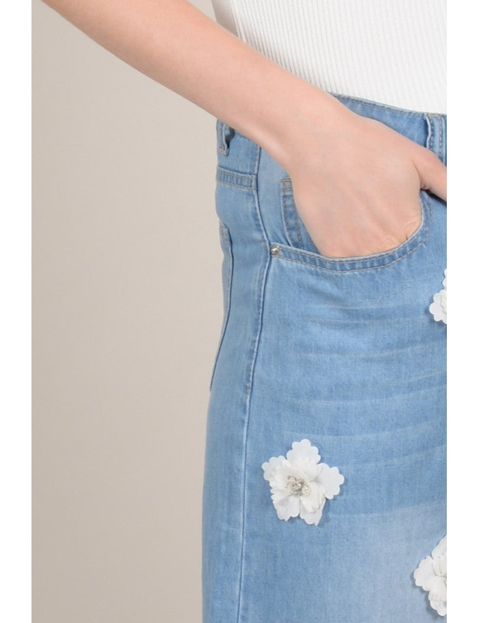 High Waisted Wide Leg Cropped Jean with Medium Blue Wash Flowers Detailed