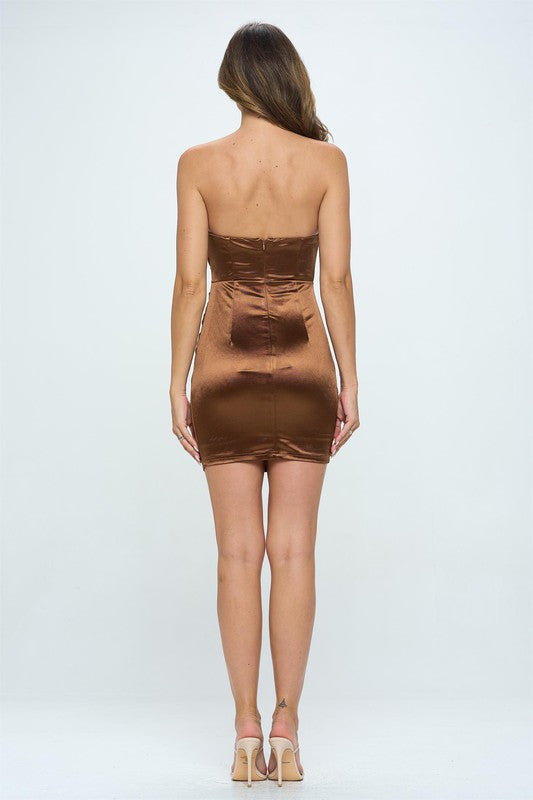 Elegant Chocolate Strapless Satin Bodycon Dress