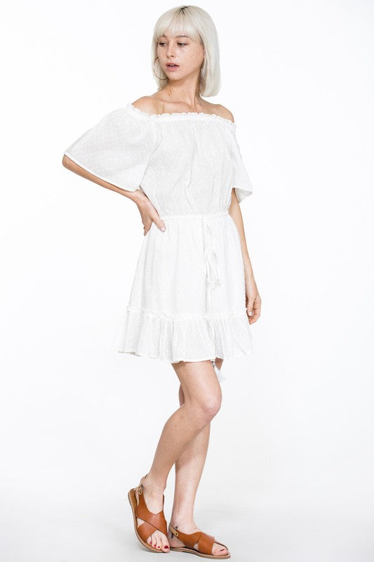 Summer Off Shoulder Silver Tassel Detailed Textured White Dress