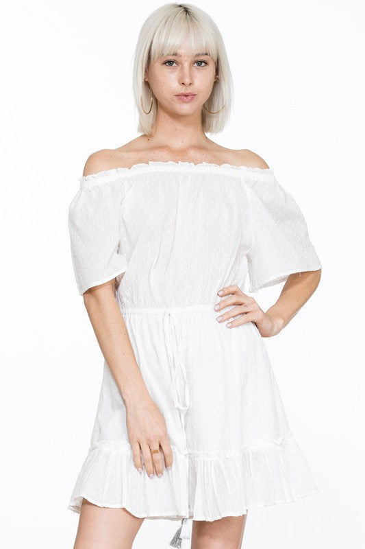 Summer Off Shoulder Silver Tassel Detailed Textured White Dress