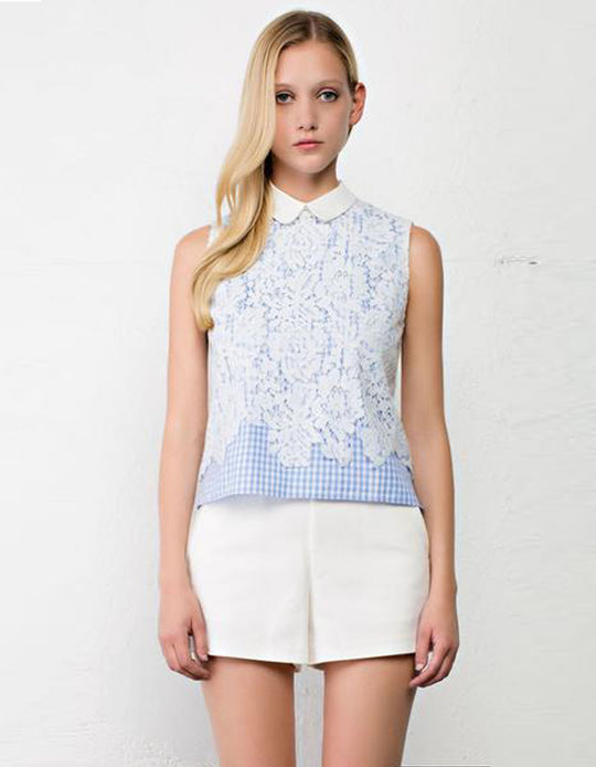 Elegant Lace Light Blue Checkered Top
