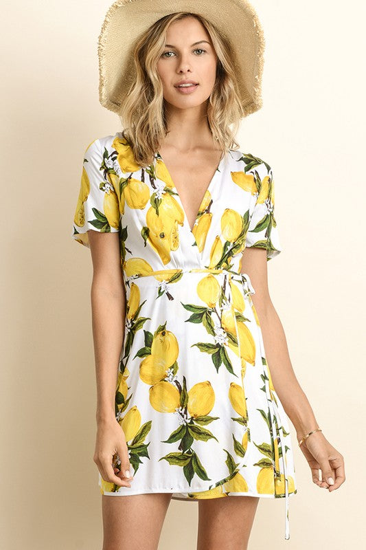 Summer Lemon Print Tie-Up White Wrap Dress