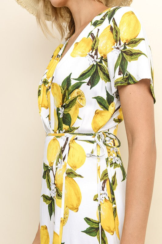 Summer Lemon Print Tie-Up White Wrap Dress