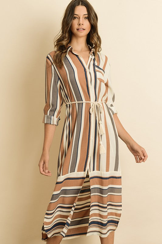 Elegant Beige Midi Striped Multi-Color Shirt Dress