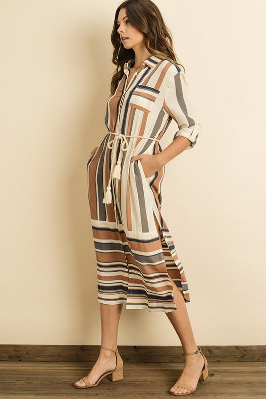 Elegant Beige Midi Striped Multi-Color Shirt Dress