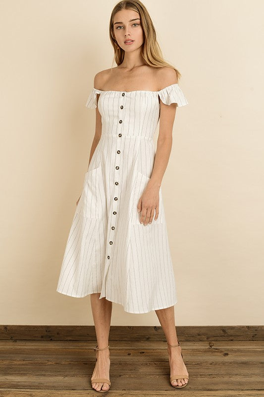 Fashion Summer Off Shoulder Button Down Off White Dress