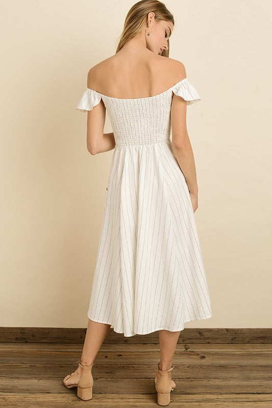 Fashion Summer Off Shoulder Button Down Off White Dress EDITE MODE Fashion Summer Off Shoulder Button Down Off White Dress EDITE MODE
