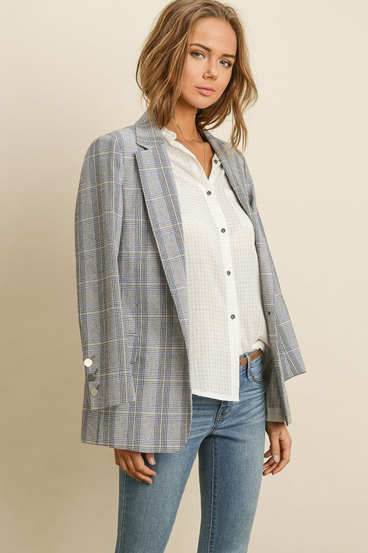 Fashion Grey Blue Checkered Blazer Jacket