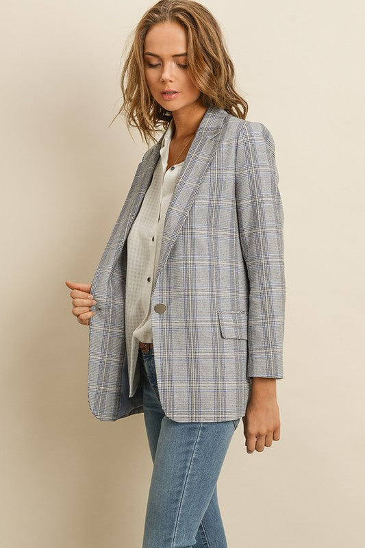 Fashion Grey Blue Checkered Blazer Jacket