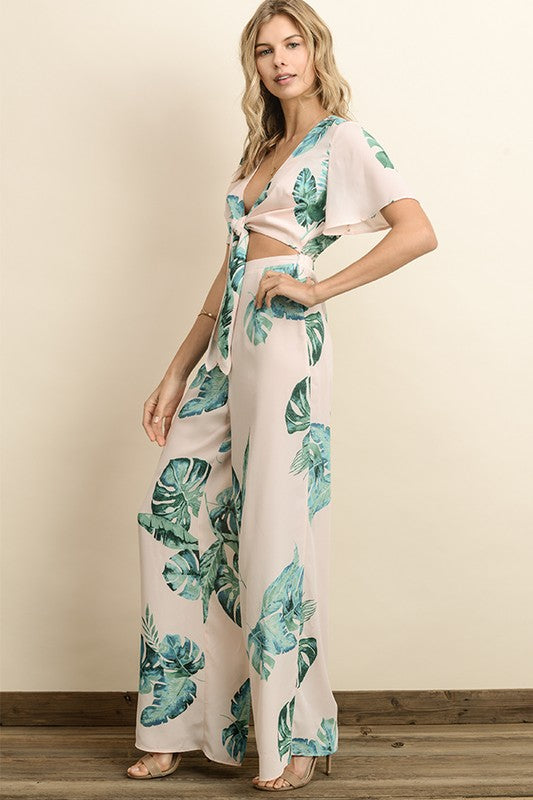 Elegant Front Tie-Up Cut Out Tropical Print Blush Jumpsuit