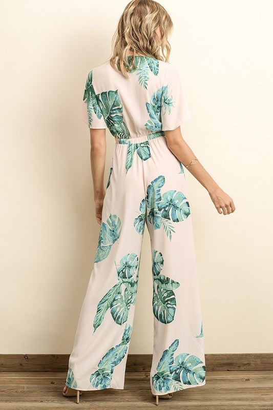 Elegant Front Tie-Up Cut Out Tropical Print Blush Jumpsuit