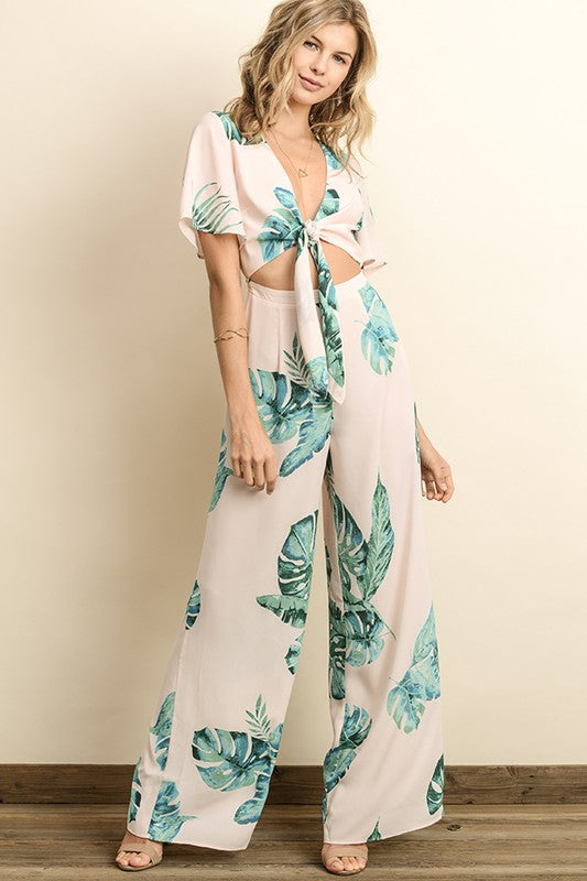 Elegant Front Tie-Up Cut Out Tropical Print Blush Jumpsuit