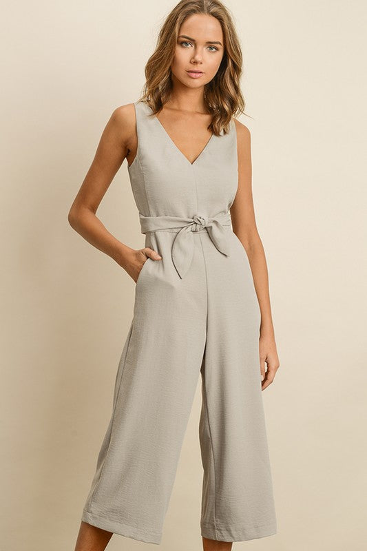 Fashion Grey Cut Out Wrap Tie-Up Jumpsuit