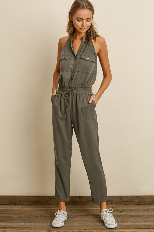 Fashion Sage Sleeveless Button Down Jumpsuit
