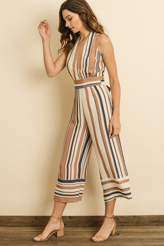 Fashion Beige Stripe Halter Cropped Jumpsuit