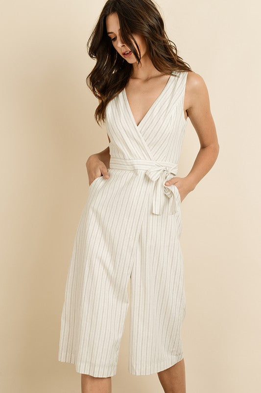 Fashion Summer Ivory Wrap Tie-Up Cropped Jumpsuit