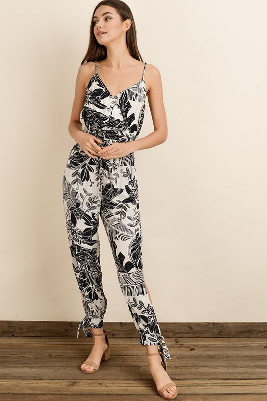 Fashion Strap Tie-Up Split Leg Cream Contrast Floral Print Jumpsuit