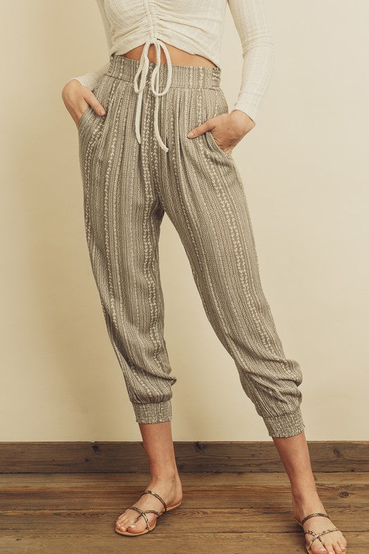 Fashion Floral Print Khaki Tie-Up Jogger Pants