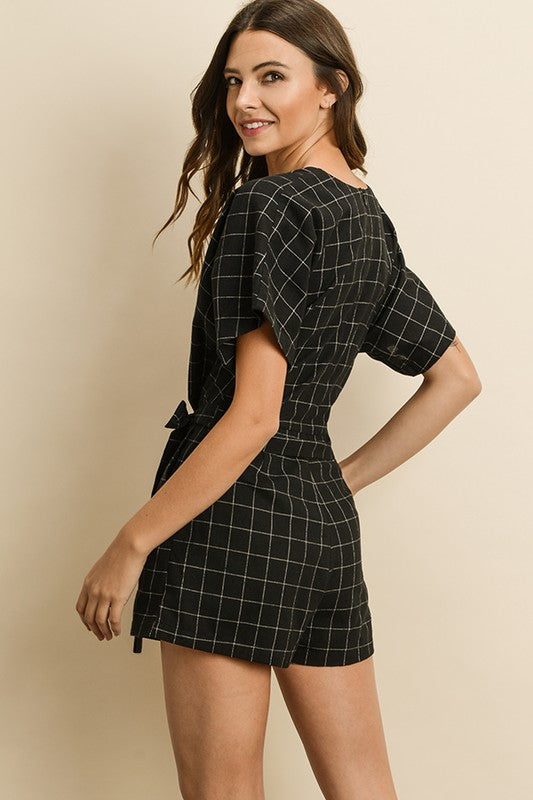 Fashion Deep V-Neck Black Checkered Tie-Up Romper