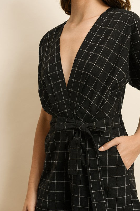 Fashion Deep V-Neck Black Checkered Tie-Up Romper